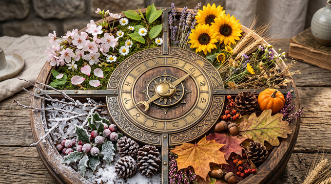 Zodiac Wheel of Four Seasons with Astrological Symbols and Natural Seasonal Elements