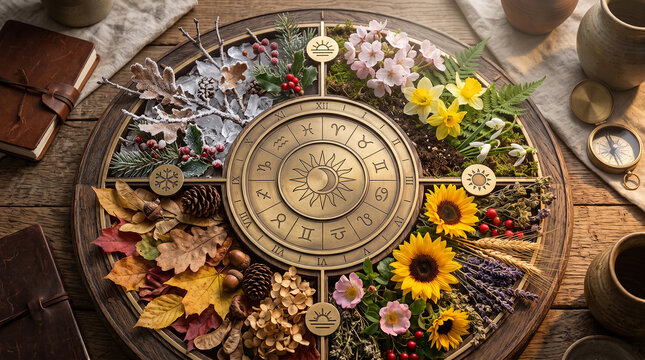 Zodiac Wheel of Four Seasons with Astrological Symbols and Natural Seasonal Elements