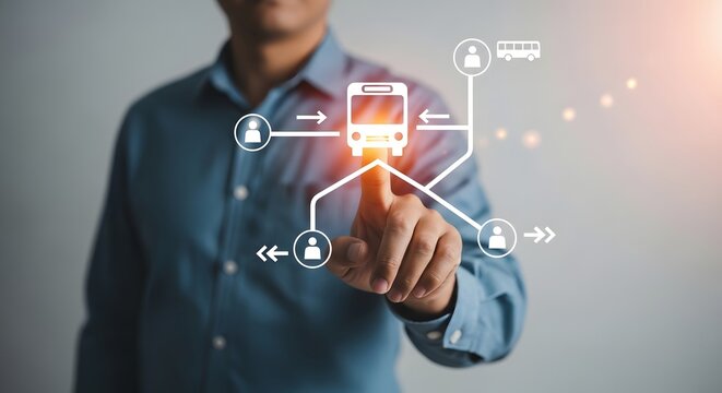 Man touching virtual interface of smart bus transport network system