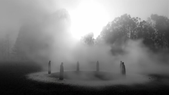 Misty stone circle in foggy woodland landscape. Ancient megalithic ring emerging from dense fog with rising sun behind trees. Mystical dawn sequence in natural setting revealing prehistoric monument