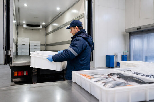 A man in a blue jacket is handling white plastic crates filled with fish inside a refrigerated truck or storage area.