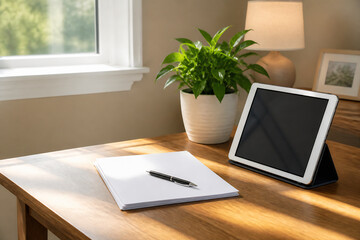 Fototapeta premium A notebook, stylus, and tablet rest on a wooden desk near a window with a potted plant in an indoor setting.