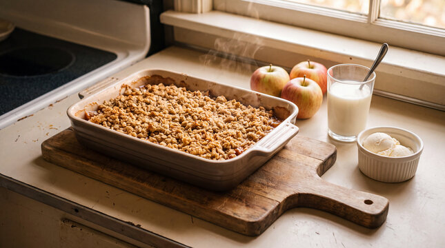 Fresh baked apple crisp with ice cream and milk on kitchen counter