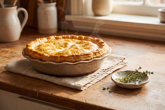 Golden homemade pot pie in ceramic dish with fresh thyme on wood table
