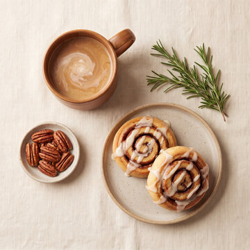 Flat lay of cinnamon rolls coffee pecans and rosemary on linen