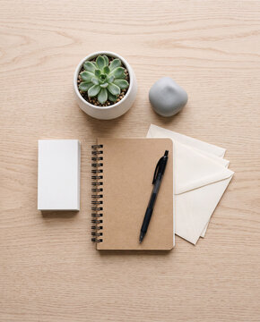 Flat lay of blank business cards notebook envelopes and succulent