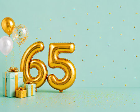 65th birthday anniversary celebration background with gold number balloons gifts and confetti on mint green wall