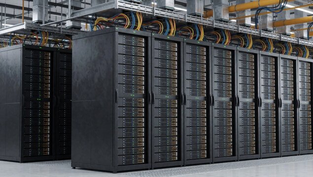 Row large black servers data center arranged neat orderly manner rows facing same direction each server has mu