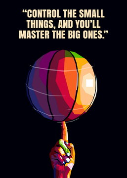a dynamic wpap-style artwork of a finger spinning a basketball, combining bold geometric colors with powerful motivational energy, focus, and competitive spirit