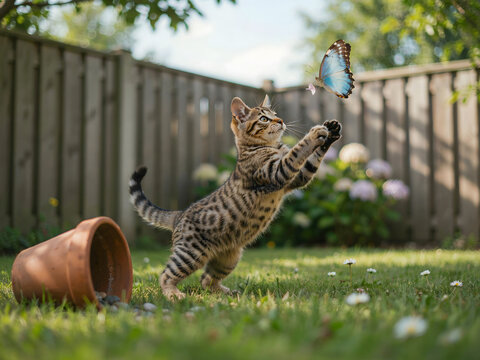 A small tabby kitten standing on its hind legs in a garden trying to catch a blue butterfly with a terracotta pot on the green grass