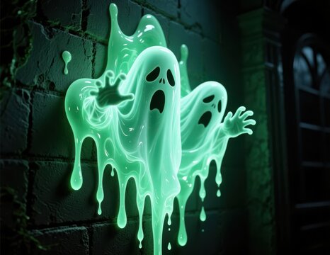 Phantom Ectoplasm, Two Glowing Ghosts Emerging from a Dark Wall
