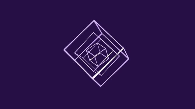 3D floating wireframe cube geometric loop animation background 4k with midnightviolet colors