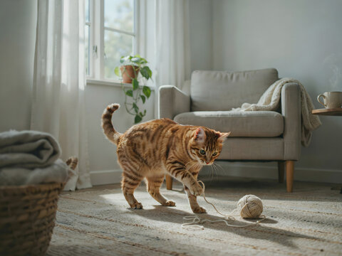 An orange tabby cat playing with a ball of yarn on a rug in a cozy living room with a chair, window, and houseplant in the soft natural daylight