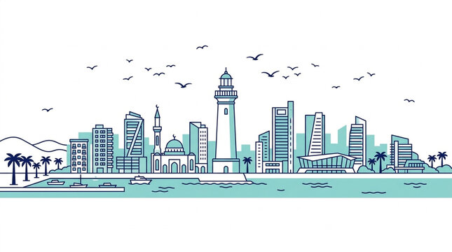 Modern Coastal City Skyline Vector Line Art with Mosque and Lighthouse Isolated on White Background