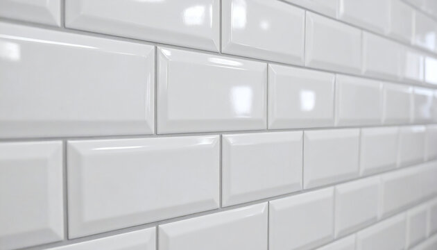 White subway tiles background featuring glossy ceramic brick pattern with beveled edges and modern interior wall design perspective view