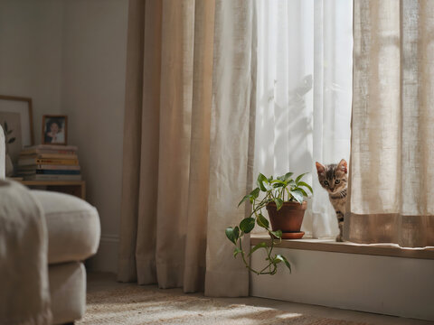 A cute tabby kitten peeking from behind beige linen curtains next to a window with a potted plant on a sill in a cozy home living room setting