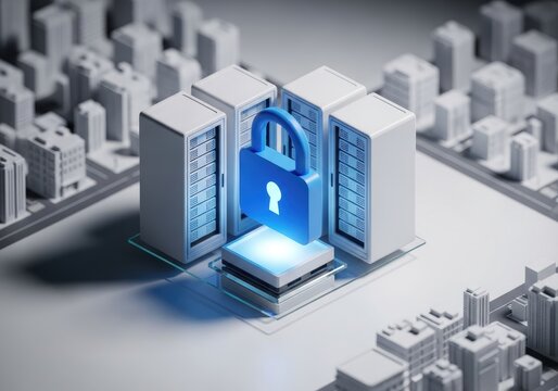 Digital Security Concept - Padlock on Server Racks and Microchip.