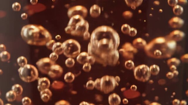 Effervescent champagne bubbles rising in ruby red liquid