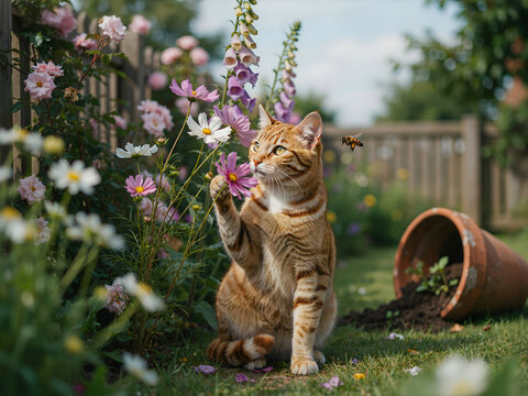 A ginger tabby cat sitting in a garden reaching out to touch a flower with a bee flying nearby and a terracotta pot on the green grass