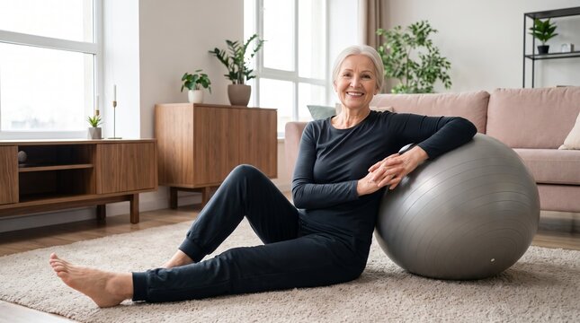 Smiling elderly woman comfortably resting on a swiss exercise ball, healthy active lifestyle concept