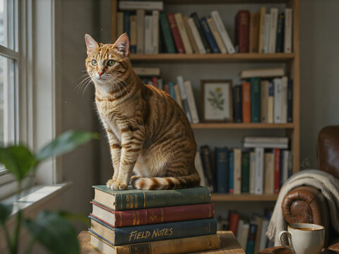 A ginger tabby cat sitting on a stack of books in a home library, with a bookshelf, a leather chair, and a coffee cup in the background