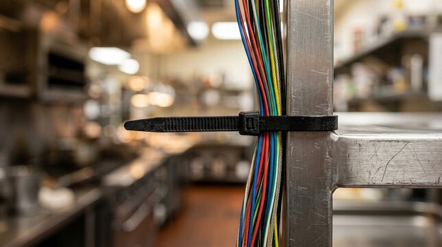 Meal cart cable tie organizing a bundle of thermometer wires