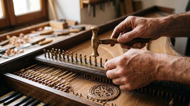 Man as a harpsichord maker using a tuning hammer to adjust metal strings on a vintage musical instrument inside a workshop. Traditional luthierie craftsmanship and restoration work.