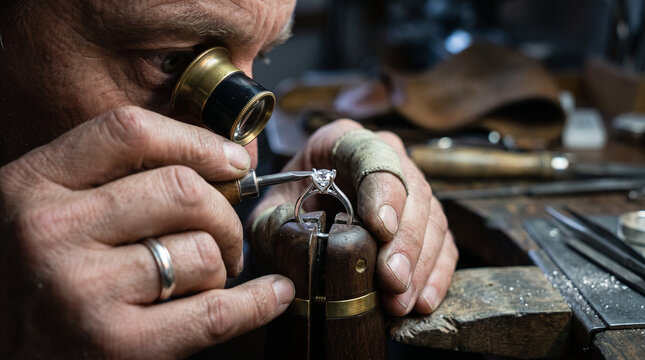 Jeweler man using a loupe to inspect a diamond ring. Artisan working on a silver piece in a workshop. Jewelry making concept, skilled craftsmanship and precious metal ring creation.