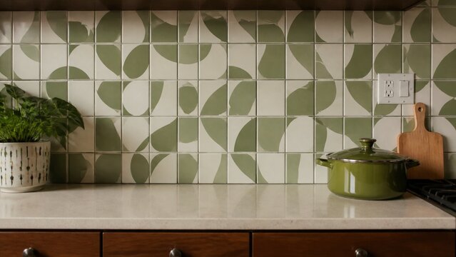 Retro kitchen backsplash with green geometric tiles and countertop
