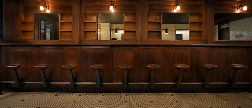 Retro wood bar counter with built-in stools and warm lighting