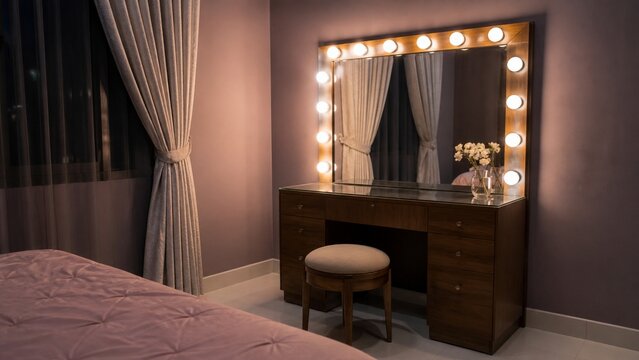 Retro vanity table with illuminated mirror and dark bedroom interior