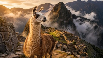 Obraz premium Majestic llama standing on a mountain ridge overlooking ancient stone ruins