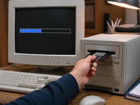 Person inserting a floppy disk into an old computer with a loading bar on screen