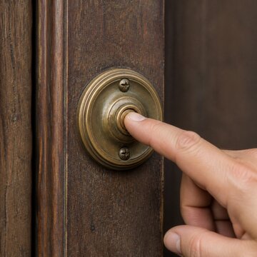 Finger pressing vintage brass doorbell button on an old wooden door