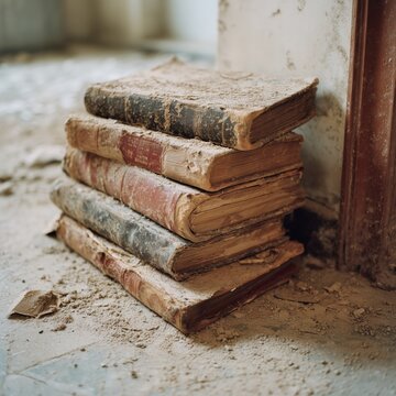 A stack of antique books against the wall, covered with dust and sand, the concept of an abandoned space and forgotten knowledge.