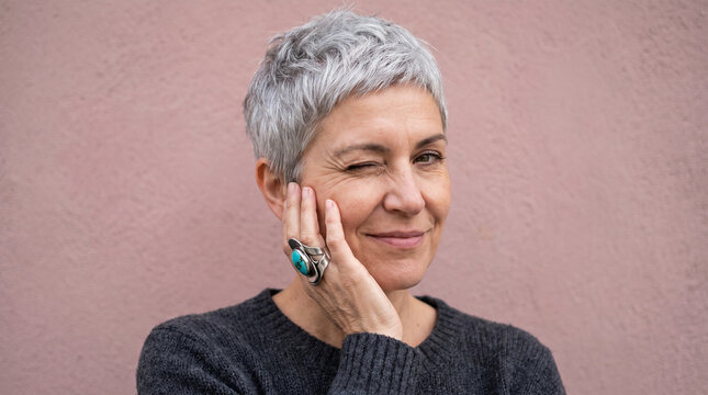 Mature woman with grey hair winking against pink wall