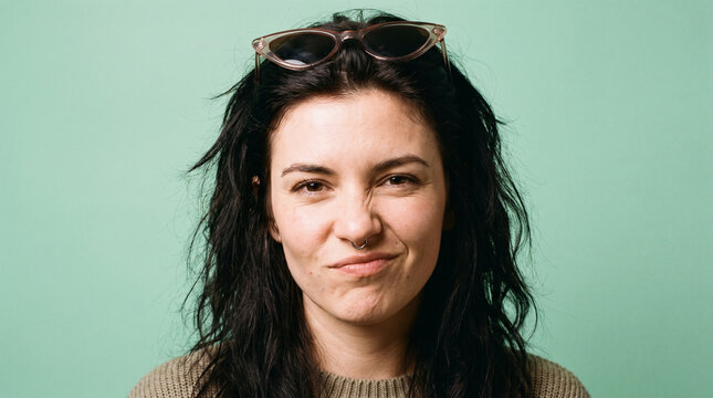 Skeptical woman making funny confused face in studio