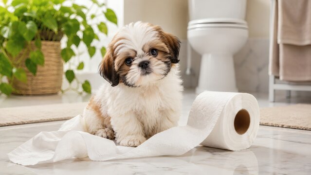 Adorable shih tzu puppy playing with a roll of toilet paper in a bathroom