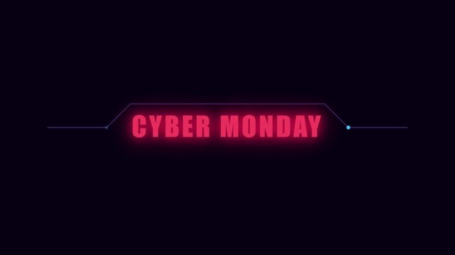 Cyber monday neon text animation with futuristic hud for online shopping sales and digital marketing promotions 4k