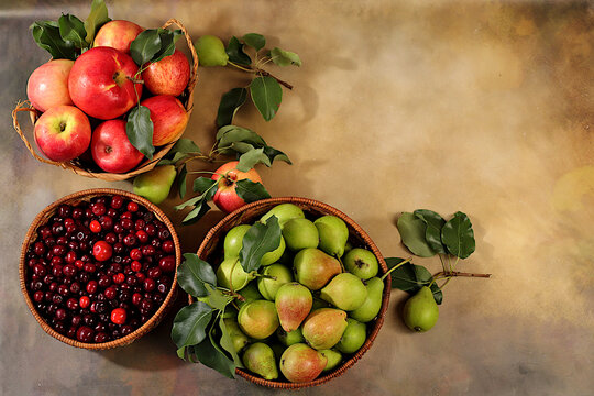Thanksgiving background with rustic harvest, apples, pears, and cherries in baskets on a sunlit concrete table, healthy natural food concept, detox diet, and body cleansing, banner for screen,