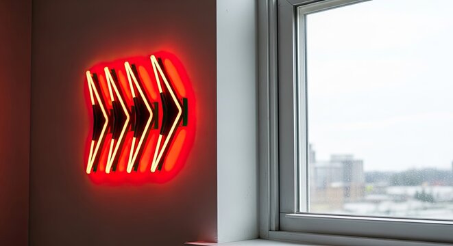 Red Neon Arrow Sign Illuminating a Dark Wall Next to a Window.