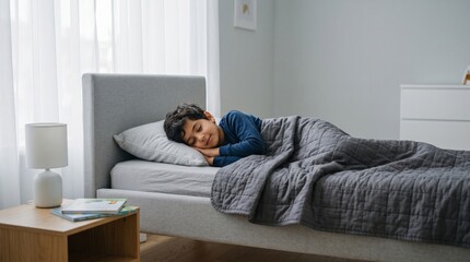 Fototapeta premium Peaceful Little Boy Sleeping Soundly in a Modern Grey Bed with Quilted Blanket and Soft Morning Light in Bright Minimalist Bedroom