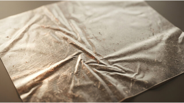 Crumpled silver foil texture, metallic aluminum sheet with creases, reflective industrial foil surface for food packaging design