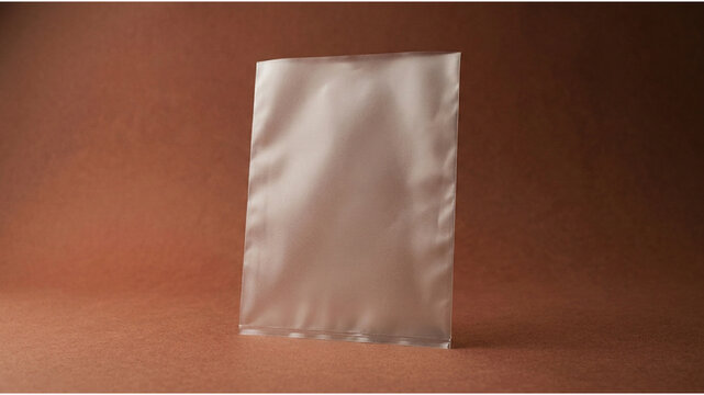 Clear plastic pouch mockup on brown background, transparent vacuum bag for food packaging, empty poly sachet for branding