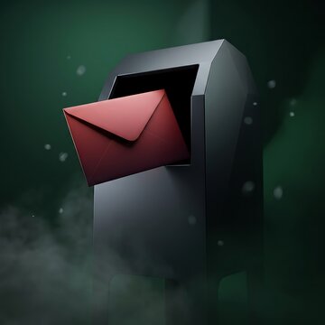 Black mailbox with red envelope inside on dark green background 3d rendering