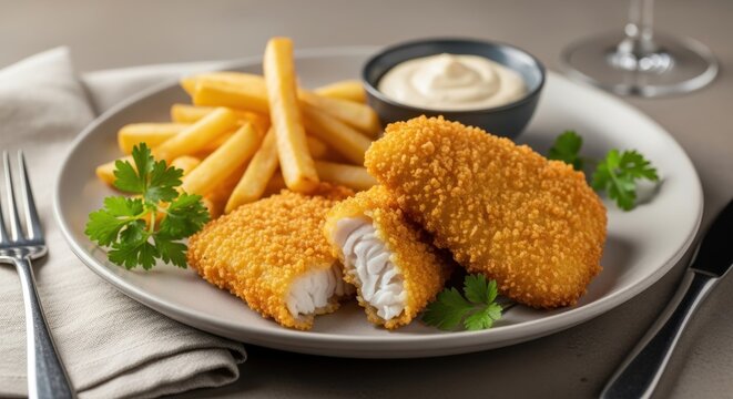 Two golden crispy breaded fish fillets are served on a plate with french fries, mayonnaise sauce, and parsley, composing a classic fish and chips dish