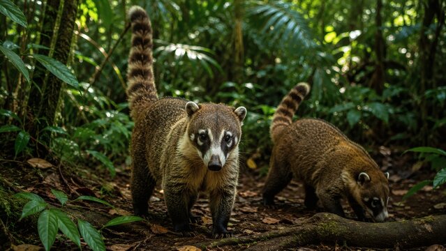 Two coatis foraging on the forest floor in a tropical jungle