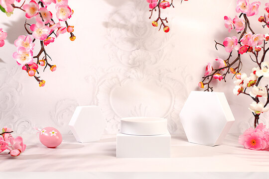 Abstract Easter composition featuring decorated eggs and empty stands on an elegant kitchen table against a backdrop of spring cherry blossoms. Happy Easter concept, banner for a greeting message