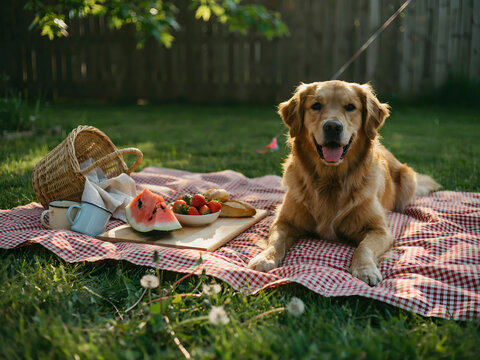A golden retriever dog lying on a red and white checkered picnic blanket in a grassy backyard with a wicker basket and fresh watermelon slices