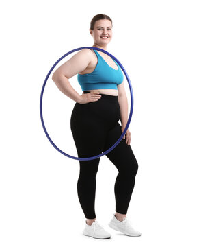 Overweight woman with hula hoop on white background